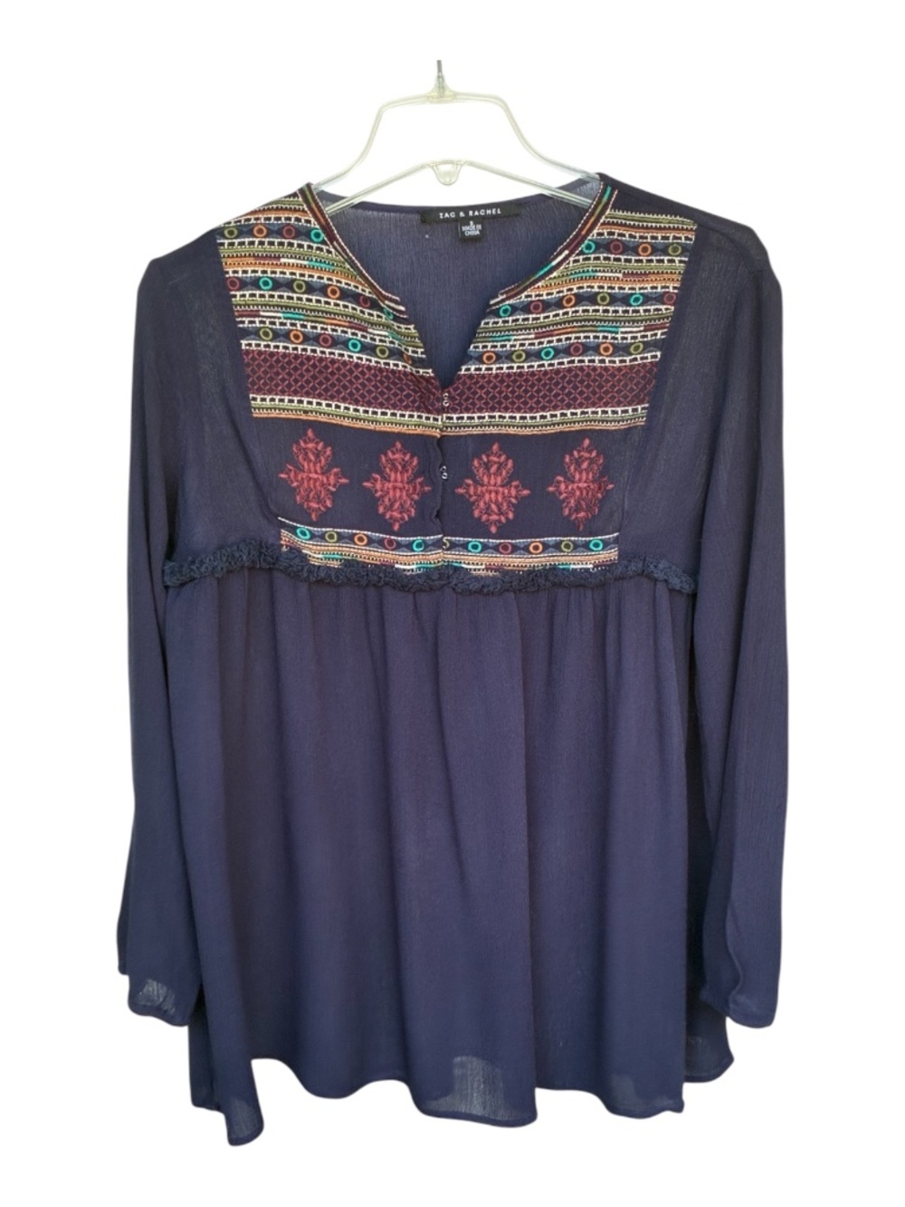 Zac and Rachel Blue Embroidered Front Yoke Blouse-Size S
